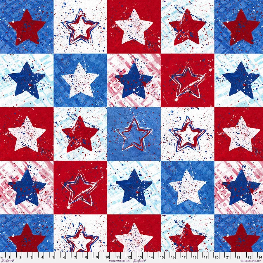 Patriotic star print fabric with red, white, and blue star blocks
