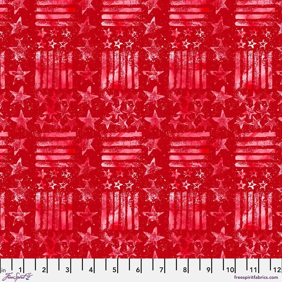 Red stars and stripes fabric with repeating star and stripe motif