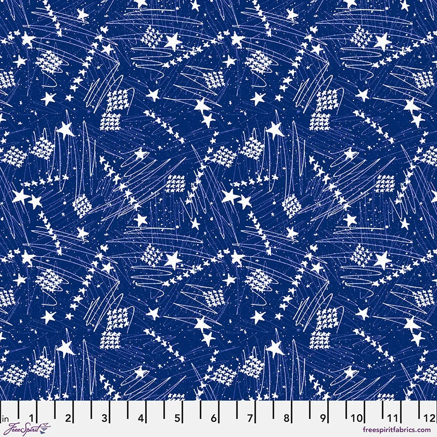 Blue starry fabric with fireworks, spark bursts, and swirl lines pattern