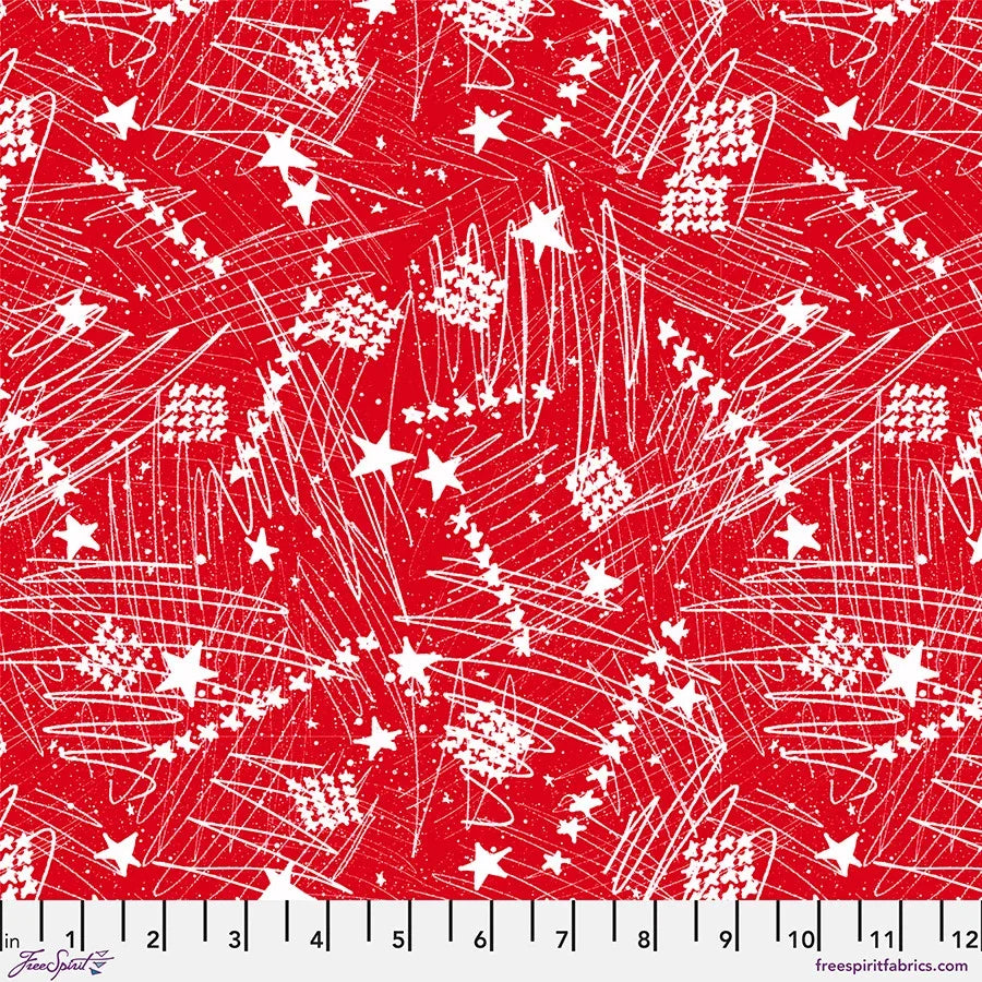 Red fabric with white star and sparkle burst pattern