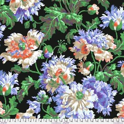 Floral fabric with purple, blue, and orange blossoms on dark background