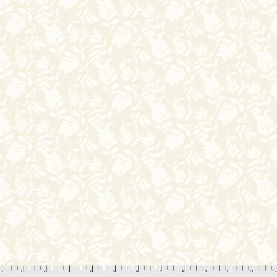 Printed fabric swatch with beige leaf pattern