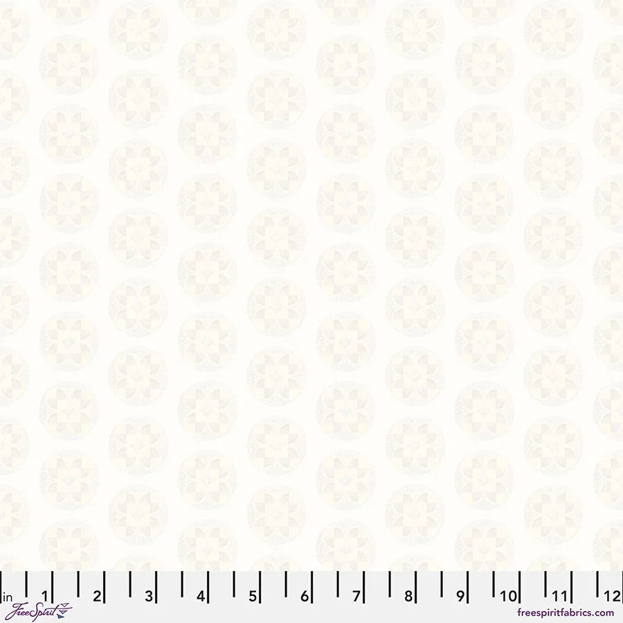 Cotton fabric swatch with small flower power pattern, light cream