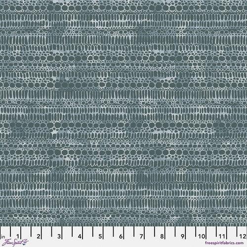 Quilt fabric in silver blue with repeating abstract brushstroke and pebble pattern