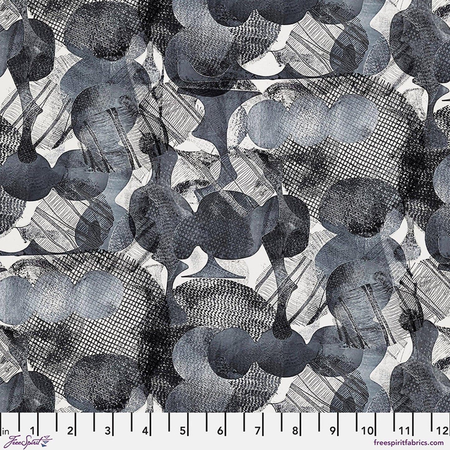 Abstract galaxy print fabric with dark gray shapes on white base