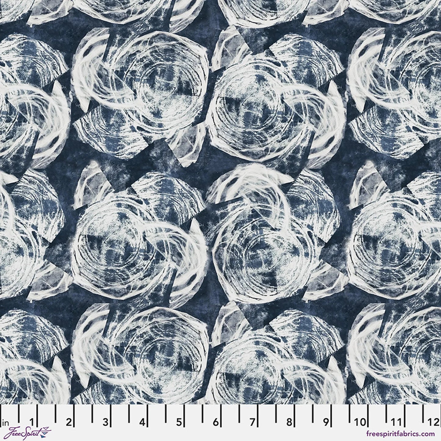 Dark blue fabric with light blue abstract circular wave pattern