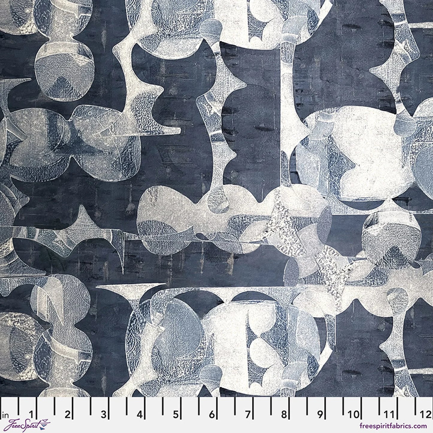 Abstract fabric with dark navy and light blue rounded celestial figures pattern