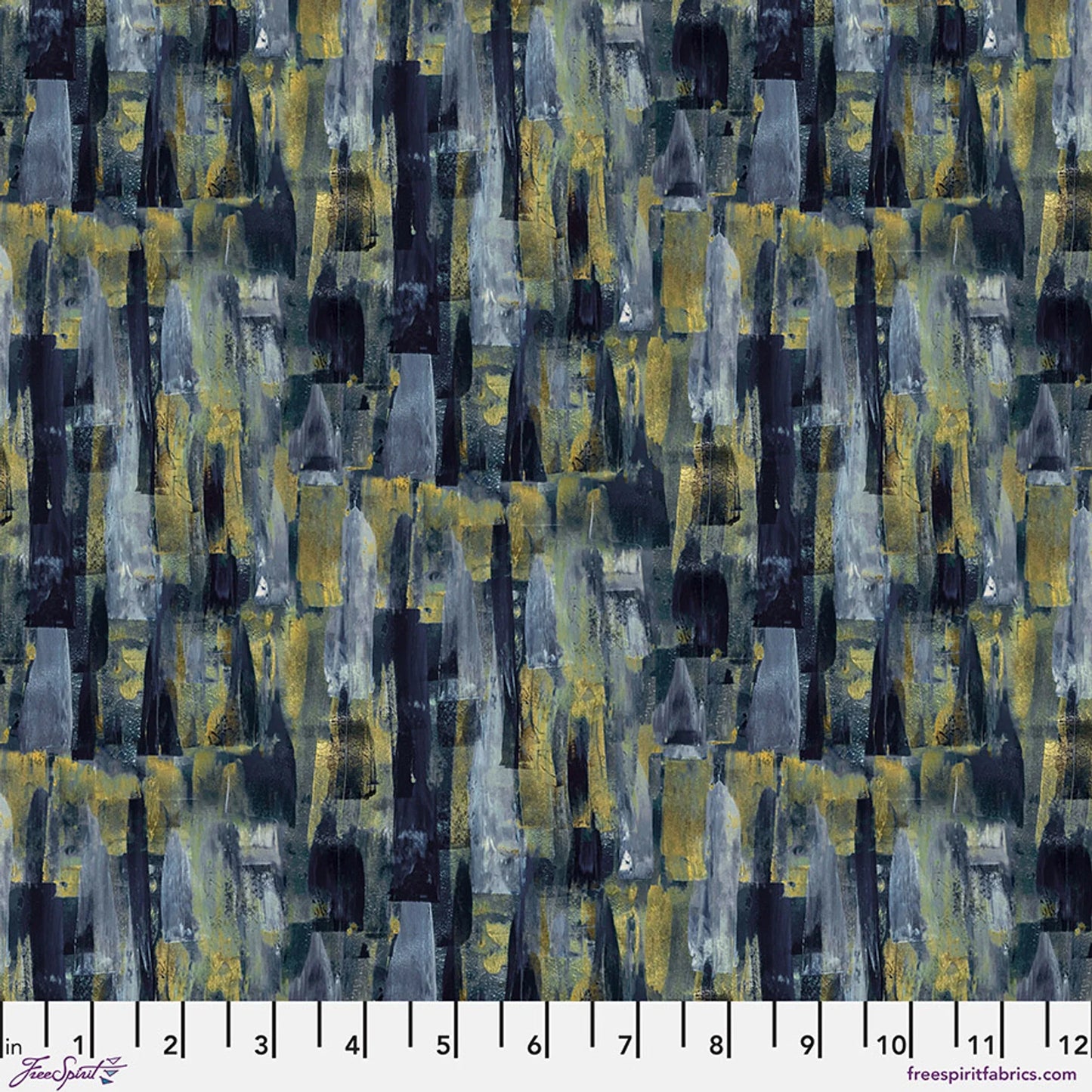 Abstract printed fabric with dark blue, slate gray, and muted yellow blocks