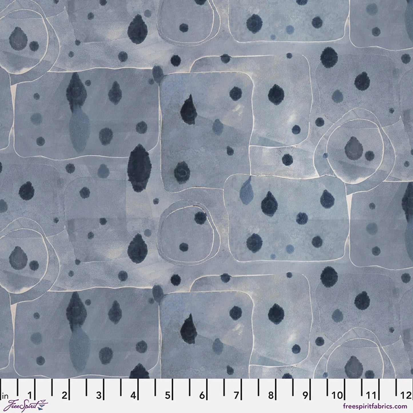 Light blue printed fabric with navy abstract dots, drops, and outlined squares