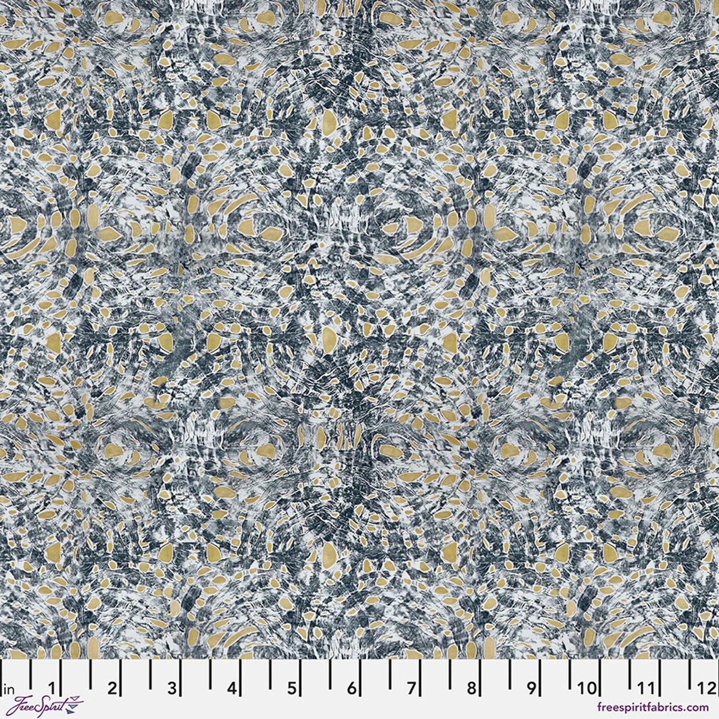Cotton fabric with blue and gold abstract moon phase pattern