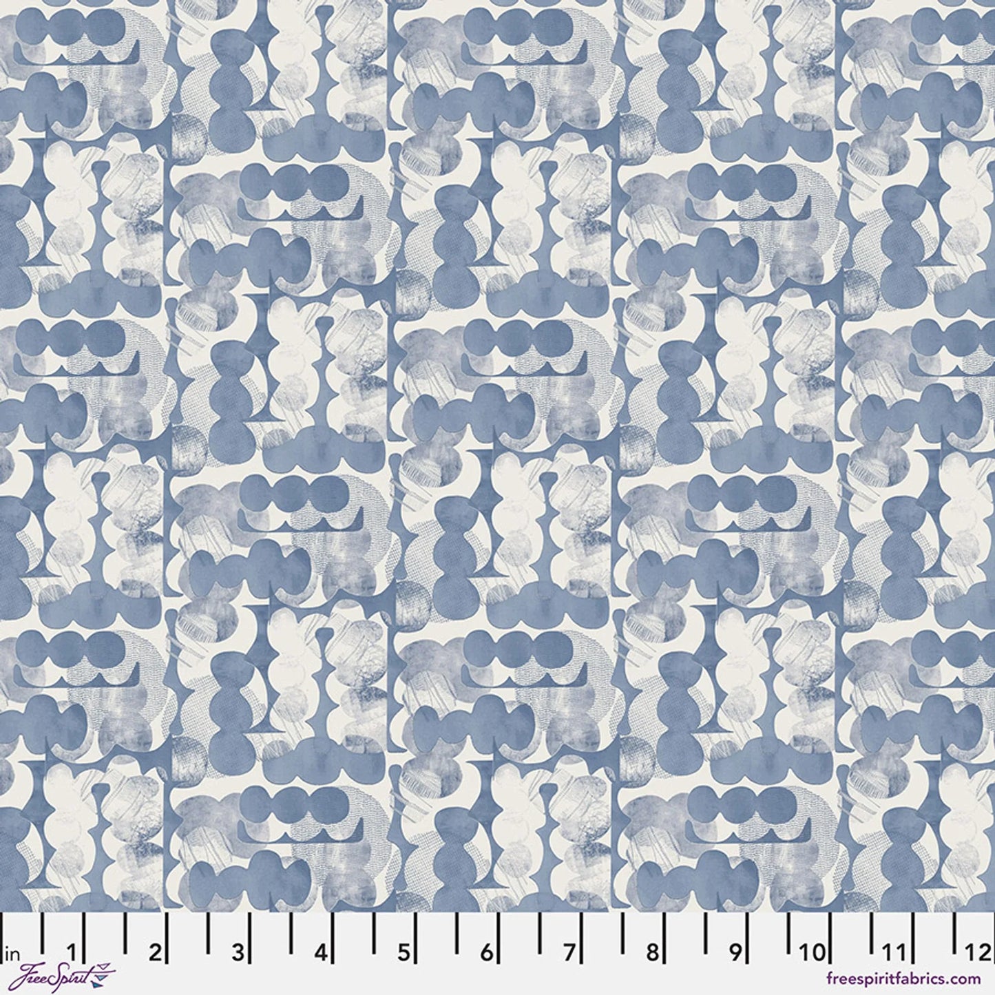Printed cotton fabric with repeating blue abstract motifs on light background