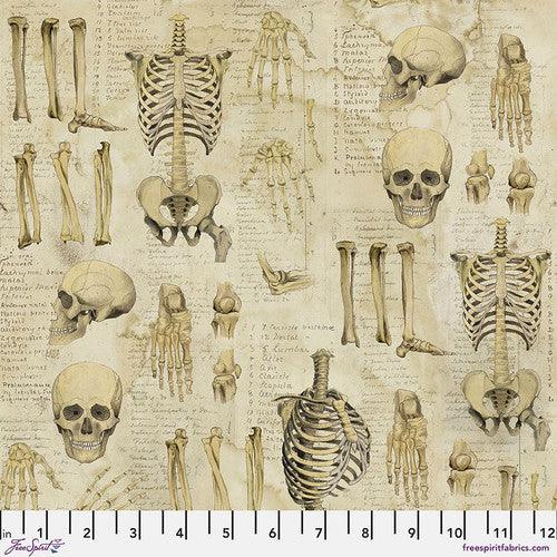 Neutral anatomy illustration fabric with skulls, skeletons, and labeled diagram elements