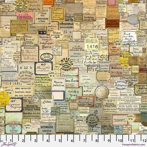 Multicolor vintage-style fabric panel with printed label collage and numbers