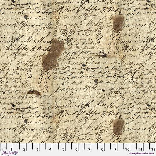 Beige printed fabric with repeating cursive script and brown letter motifs