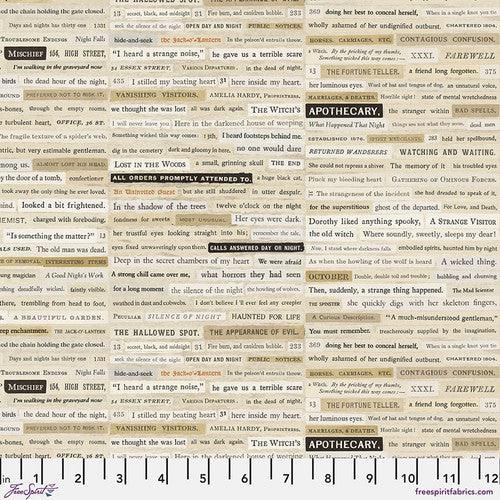 Printed neutral fabric with dense vintage-style text blocks and small numbered sections