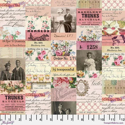 Pink collage quilting fabric with vintage script, roses, and map-style text