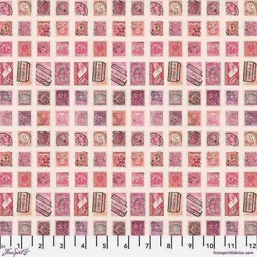 Pink stamp print fabric panel with repeating square motifs and circular seals
