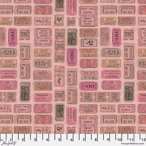Pink fabric with repeating ticket-style labels pattern in gray and black