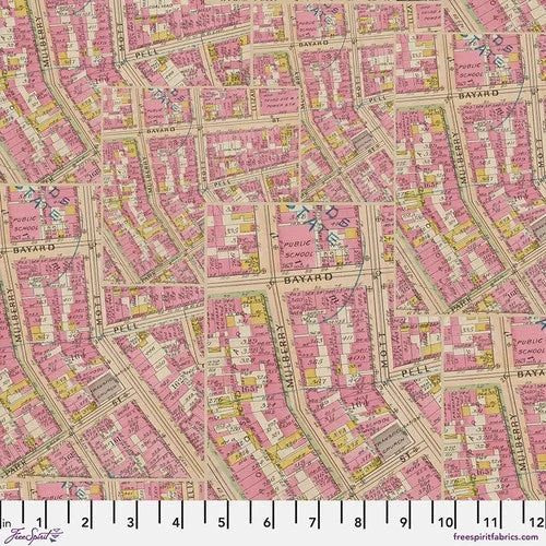 Pink map-print fabric with beige streets and small block label pattern