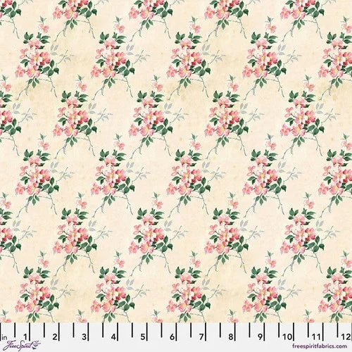 Floral wallpaper on off-white background with pink rose clusters and green leaves