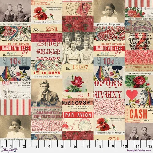 Red collage fabric panel with vintage stamps, hearts, and floral motifs