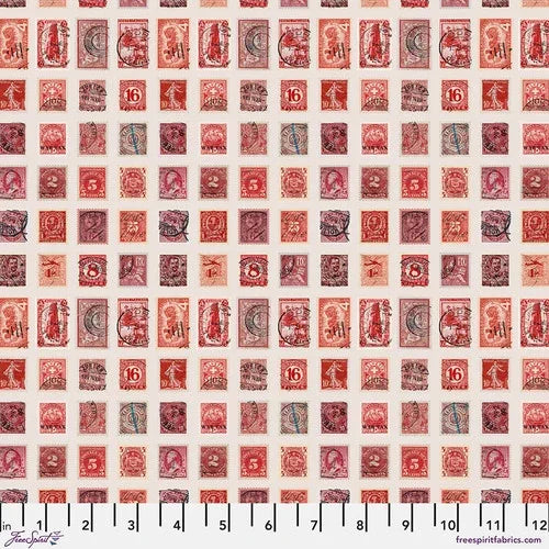 Red fabric with repeating postage stamp print and starburst designs, small scale