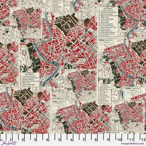 Red map print fabric swatch with streets, labels, and landmarks pattern