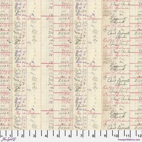 Red ledger-style fabric with handwritten numbers and script in white and gray