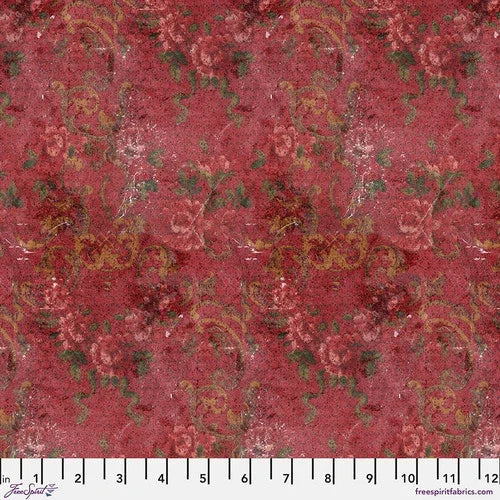 Red tapestry fabric with ornate scroll and leaf motifs, plus small multicolor accents