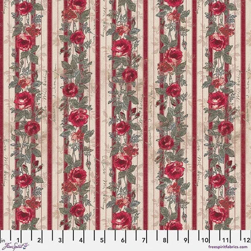 Red floral wallpaper with vertical botanical stripe and rose clusters on light background