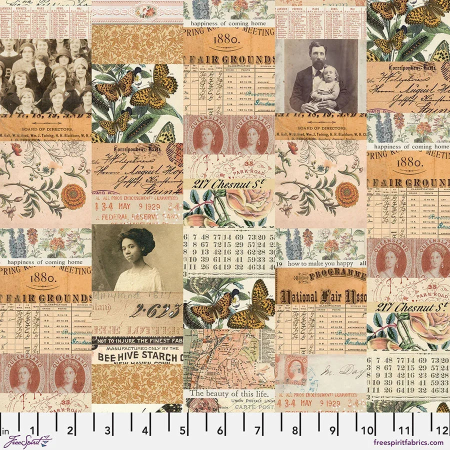 Orange vintage collage fabric with butterflies, portraits, stamps, and script print