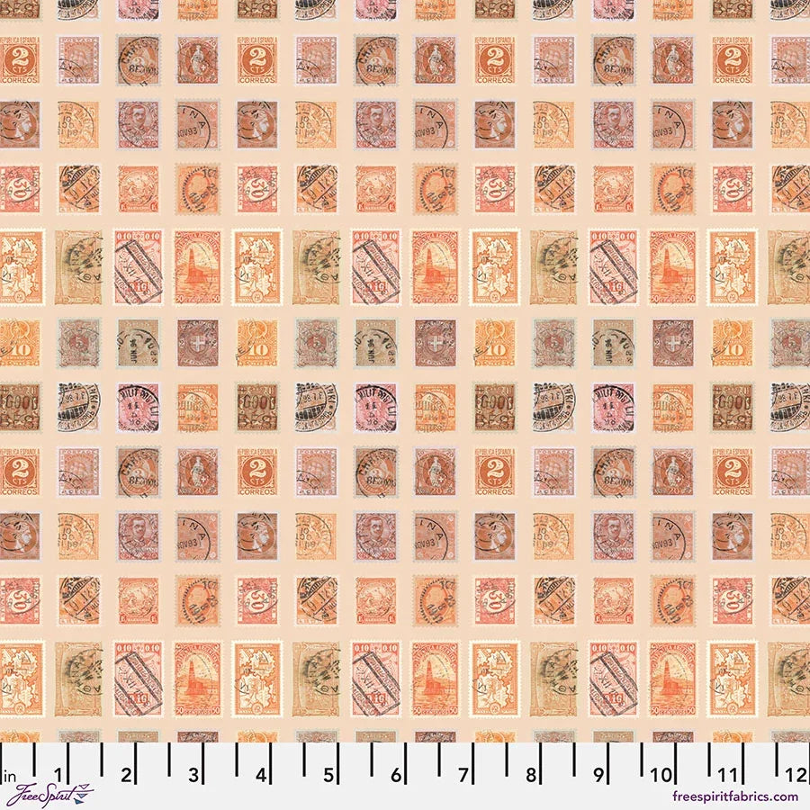 Orange stamp pattern fabric with repeated vintage seals and numerals