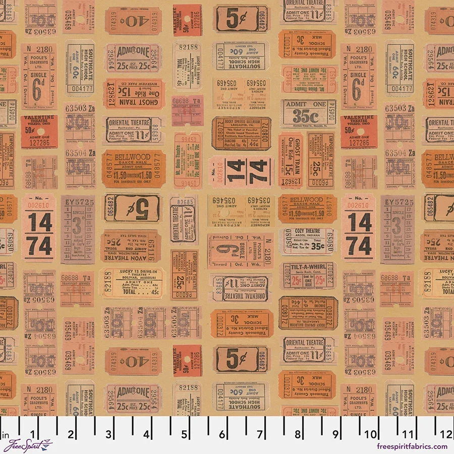 Orange ticket-print quilting fabric with vintage numbers and labels, repeating pattern