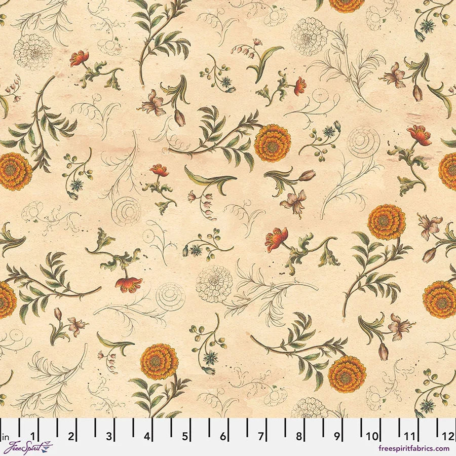 Cream fabric with orange and brown floral vine and bird motifs, Tim Holtz pattern