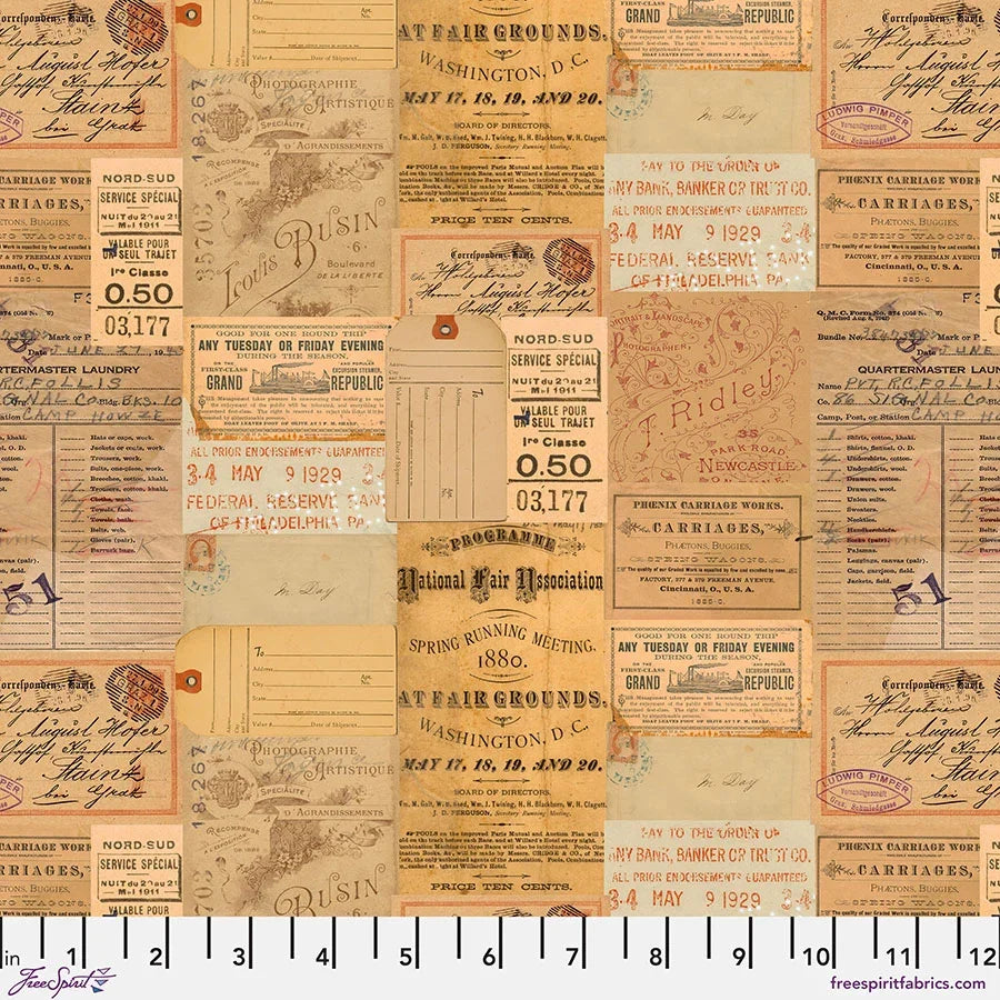 Orange ephemera patterned fabric with vintage ticket text