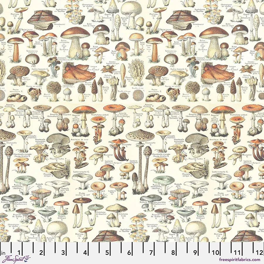 Mushroom print fabric with orange, brown and beige toadstools on light background