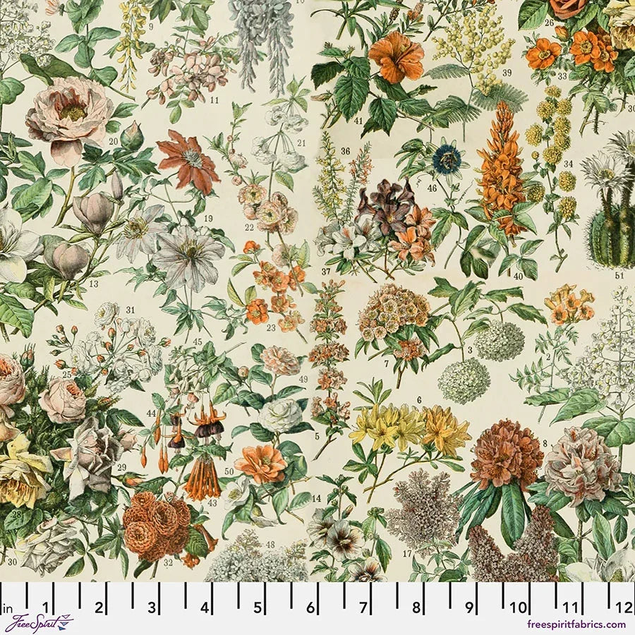 Botanical print fabric with orange flowers, vines, and leafy greens