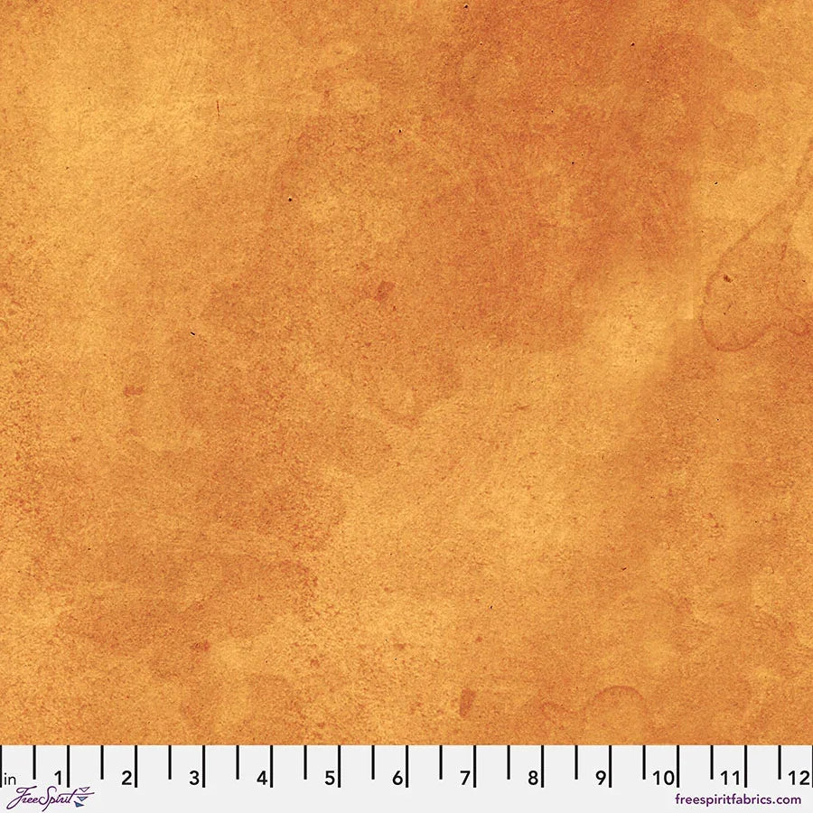 Orange vintage-style fabric with mottled texture and scattered shapes