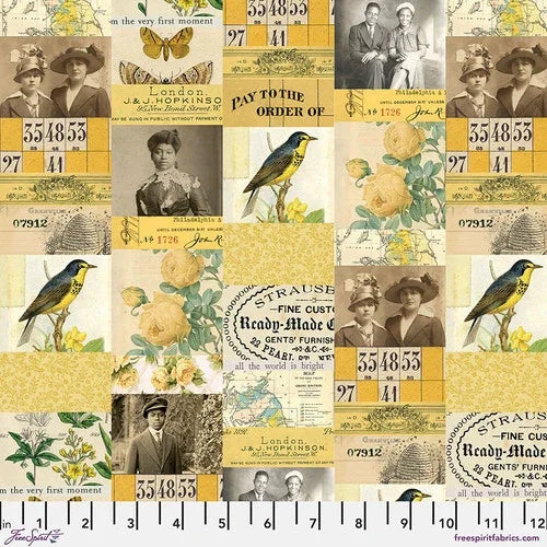 Yellow collage fabric with birds, clocks, flowers, and vintage text blocks