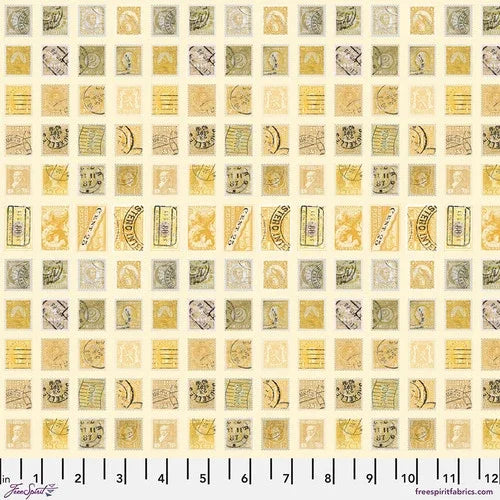 Yellow stamp print fabric with repeating small vintage label motifs and accents