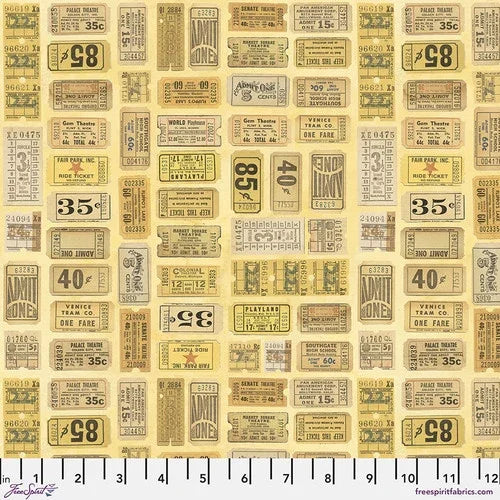 Yellow ticket-style fabric with numbered and text labels, collage print