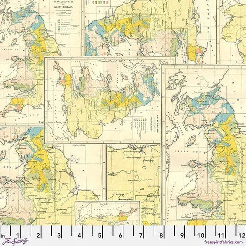 Yellow vintage map print fabric with blue and green outlines