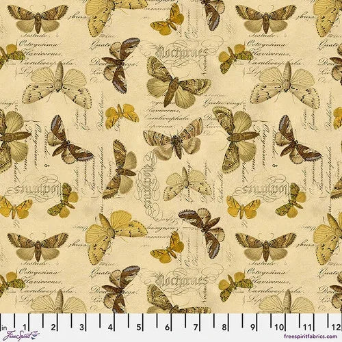 Butterfly print fabric in yellow and tan with scattered butterflies and text-style marks