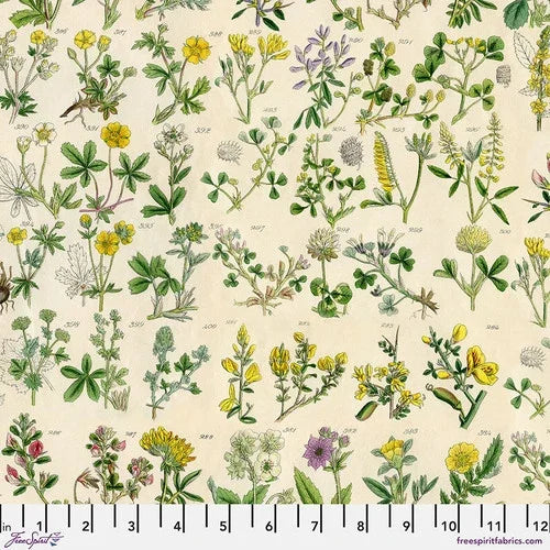 Botanical print fabric with yellow flowers and green leaves on light background