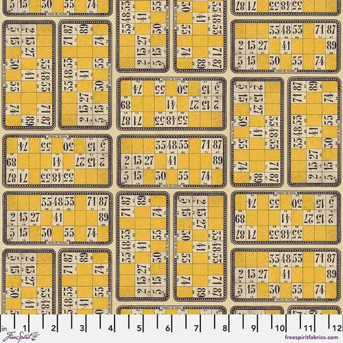 Yellow cotton fabric with repeating vintage-style numbers in squares and rectangles.