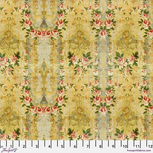 Floral yellow wallpaper with red, green, and gray ornate vertical motifs