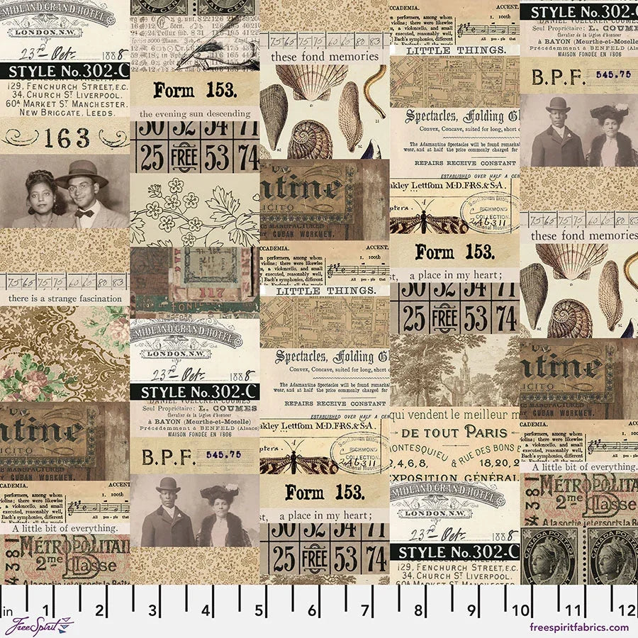 Neutral patchwork fabric with vintage letters, numbers, and butterflies in tan and brown
