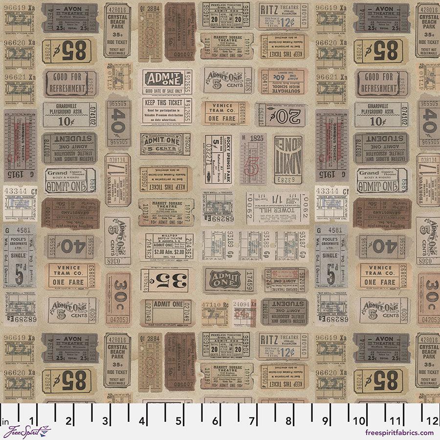 Neutral ticket-themed fabric with vintage-style labels and numbers repeating pattern