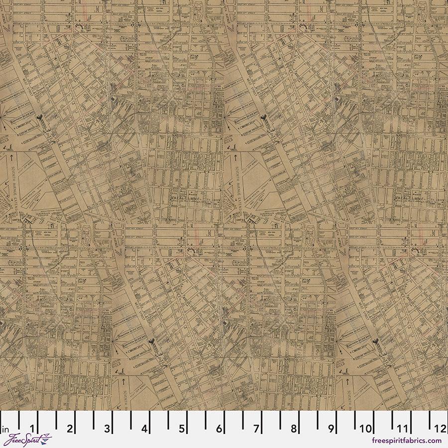 Neutral map-themed fabric swatch with repeating street and building pattern