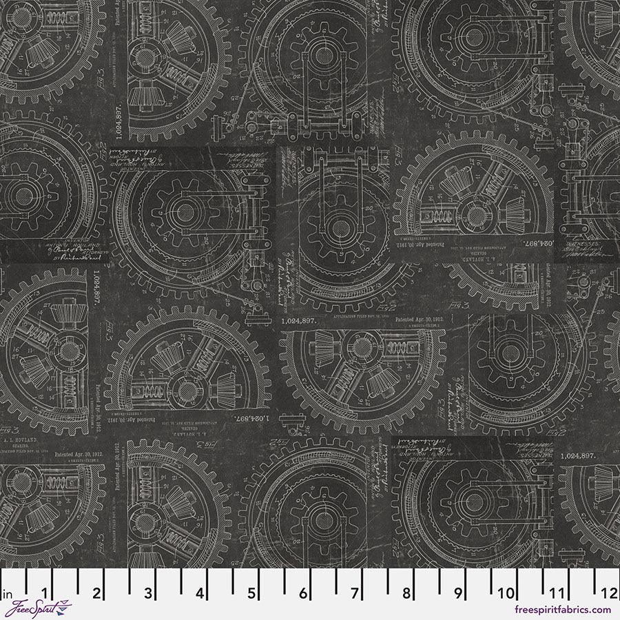 Neutral gear pattern fabric, repeating circular gears in light gray on dark gray